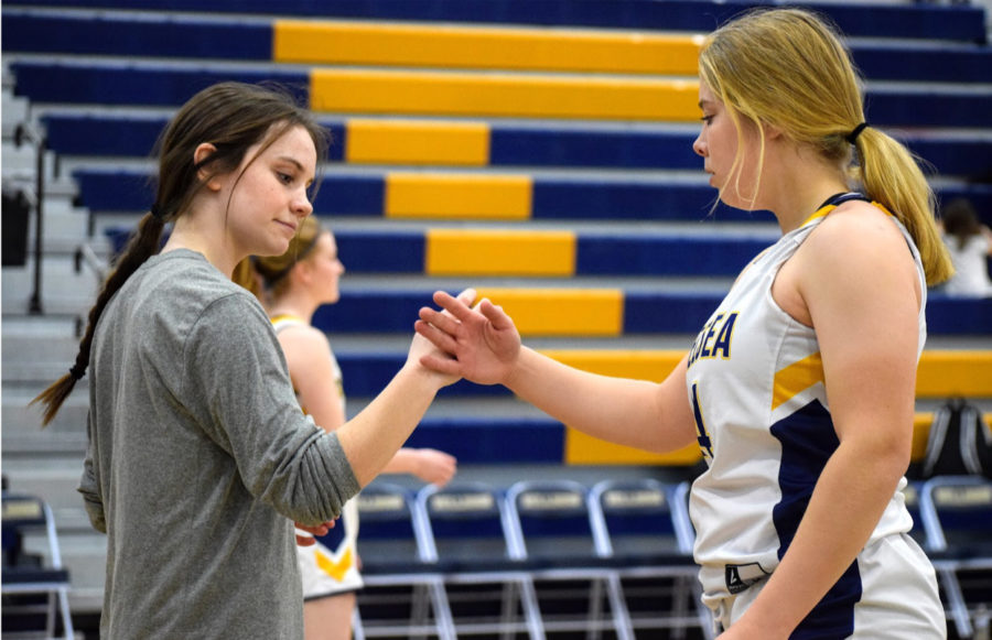 A+display+of+friendship+and+camaraderie+is+shown+by+freshmen+Kate+McKenzie+and+Kaydee+Absher+in+a+complex+handshake+before+the+game+against+Pinckney.