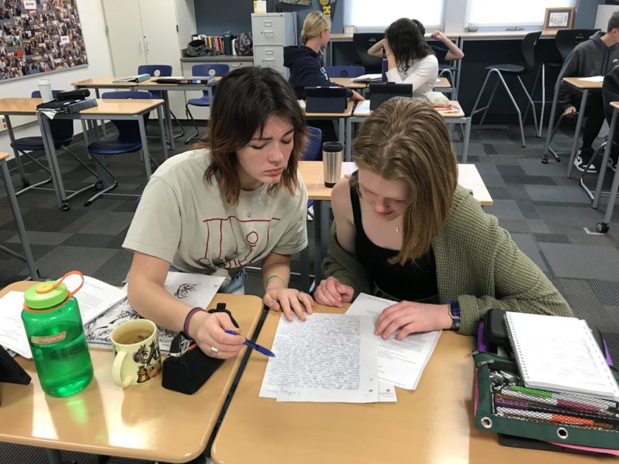 Lindsay Favare and Lily Van Havel concentrate while peer reviewing essays for AP Language and Composition. 